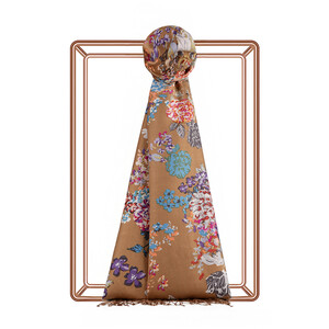 Milky Coffee Waterside Garden Printed Silk Shawl - Thumbnail