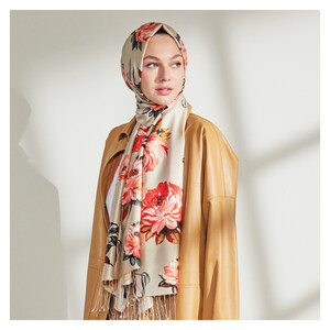 Mink Camellia Patterned Silk Scarf - Thumbnail
