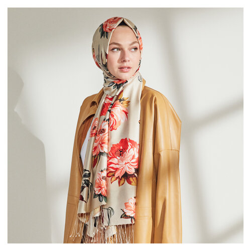  Mink Camellia Patterned Silk Scarf