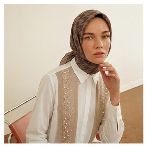 Mink Houndstooth Silk Twill Scarf - Thumbnail