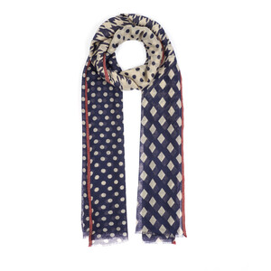 Mink Navy Mixed Print Wool Silk Scarf - Thumbnail