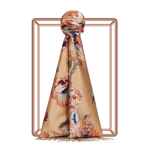 Mink Peony Print Silk Scarf - Thumbnail