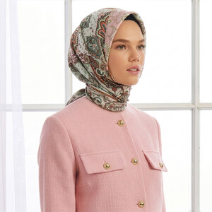 Mint Green Bohemian Pathcwork Twill Silk Scarf - Thumbnail