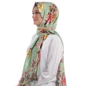 Mint Green Peony Garden Print Silk Scarf - Thumbnail