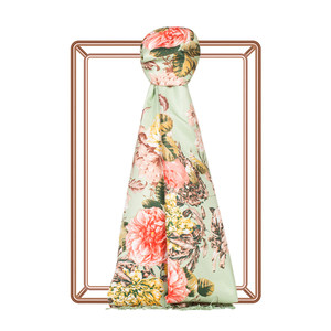 Mint Green Peony Garden Print Silk Scarf - Thumbnail