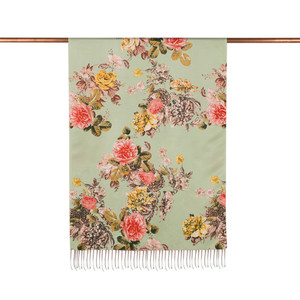 Mint Green Peony Garden Print Silk Scarf - Thumbnail