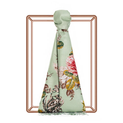 Mint Yeşili Şakayık Bahçesi Desenli İpek Şal