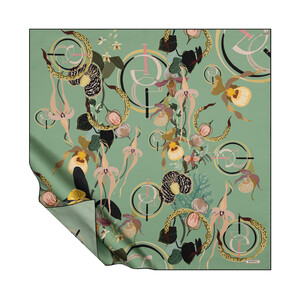 Minty Green Mono Orchid Print Silk Scarf - Thumbnail