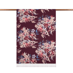 Mürdüm Güz Çiçekleri Desenli İpek Şal - Thumbnail