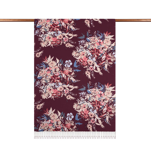 Mürdüm Güz Çiçekleri Desenli İpek Şal 