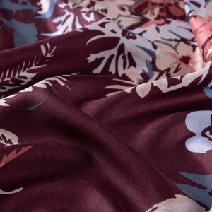 Mürdüm Güz Çiçekleri Desenli İpek Şal - Thumbnail