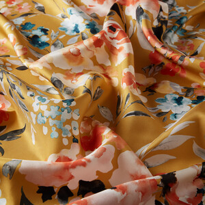 Mustard Yellow Blooming Garden Print Silk Twill Scarf - Thumbnail