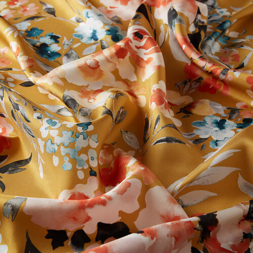 Mustard Yellow Blooming Garden Print Silk Twill Scarf