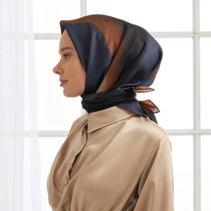 Navy Beige Dream Twill Silk Scarf - Thumbnail