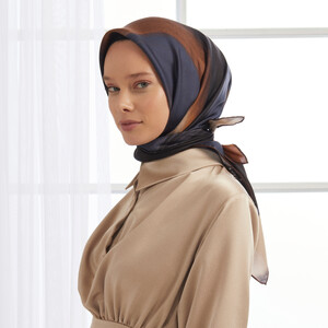 Navy Beige Dream Twill Silk Scarf - Thumbnail