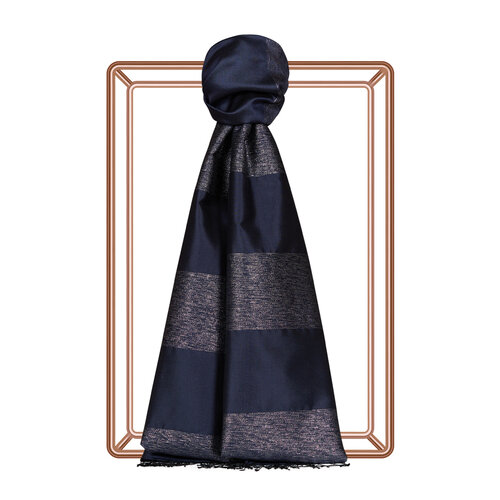 Navy Block Lurex Striped Silk Scarf