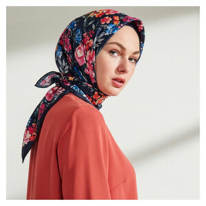 Navy Blooming Garden Print Silk Twill Scarf - Thumbnail