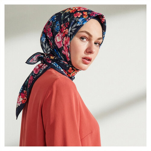 Navy Blooming Garden Print Silk Twill Scarf