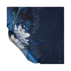 Navy Blue Floral Glow Patterned Twill Silk Scarf - Thumbnail