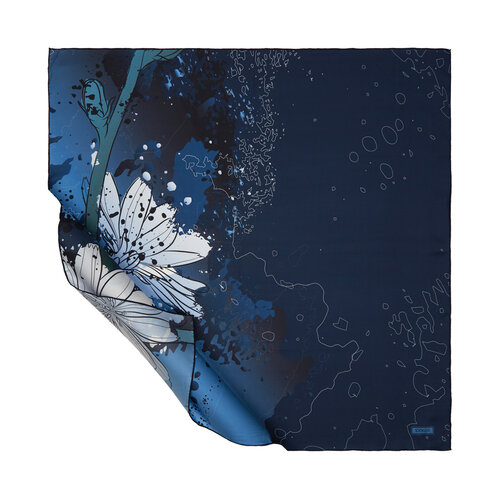 Navy Blue Floral Glow Patterned Twill Silk Scarf