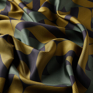 Navy Blue Green Ribbon Print Silk Twill Scarf - Thumbnail