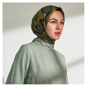 Navy Blue Green Ribbon Print Silk Twill Scarf - Thumbnail