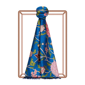 Navy Blue Lavinia Patterned Silk Scarf - Thumbnail