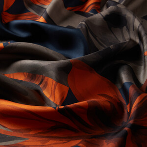 Navy Blue Lillium Patterned Twill Silk Scarf - Thumbnail