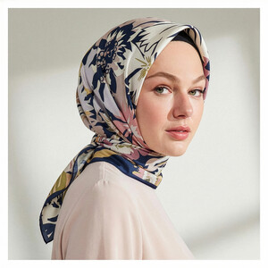 Navy Blue Nihavent Print Silk Twill Scarf - Thumbnail