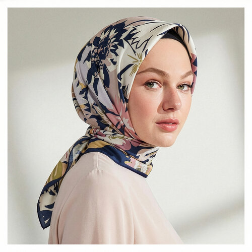 Navy Blue Nihavent Print Silk Twill Scarf