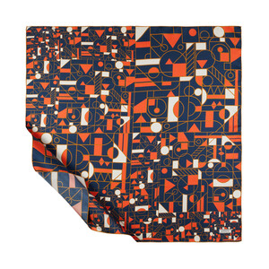 Navy Blue Orange Mosaic Patterned Twill Silk Scarf - Thumbnail