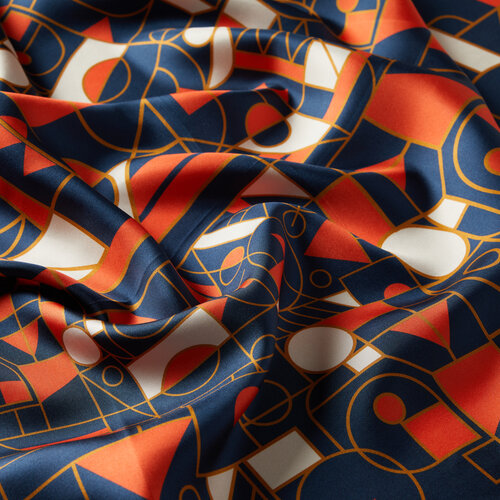 Navy Blue Orange Mosaic Patterned Twill Silk Scarf