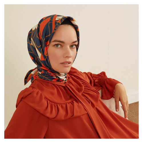 Navy Blue Orange Mosaic Patterned Twill Silk Scarf