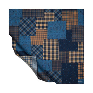Navy Blue Patchwork Patterned Twill Silk Scarf - Thumbnail