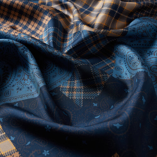 Navy Blue Patchwork Patterned Twill Silk Scarf
