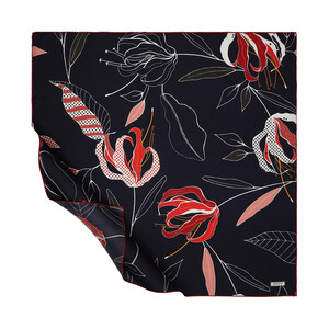 Navy Blue Red Linden Patterned Twill Silk Scarf - Thumbnail