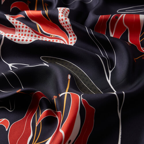 Navy Blue Red Linden Patterned Twill Silk Scarf