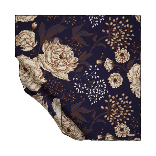 Navy Blue Rosa Patterned Twill Silk Scarf