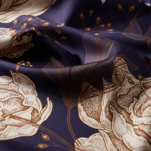 Navy Blue Rosa Patterned Twill Silk Scarf - Thumbnail