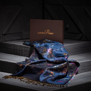 Navy Brocade Reversible Prime Silk Scarf - Thumbnail