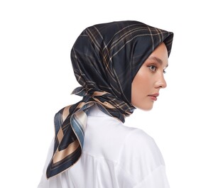 Navy Brown Hunter Plaid Silk Twill Scarf - Thumbnail