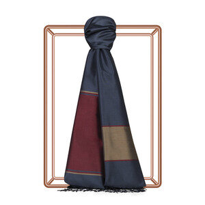 Navy Burgundy Striped Silk Scarf - Thumbnail