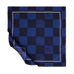 Navy Checkered Twill Silk Scarf - Thumbnail