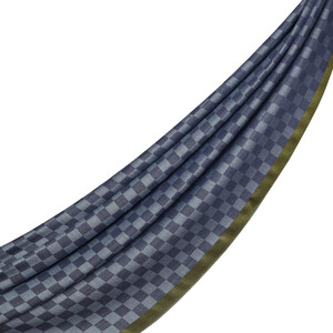 Navy Checkered Wool Silk Scarf - Thumbnail