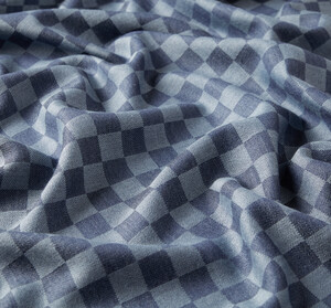 Navy Checkered Wool Silk Scarf - Thumbnail
