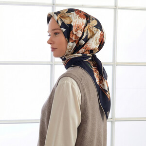 Navy Cream Bouguet Twill Silk Scarf - Thumbnail