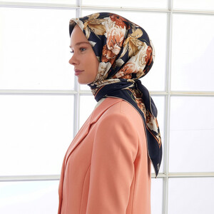 Navy Cream Bouguet Twill Silk Scarf - Thumbnail