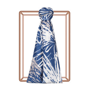 Navy Flower Shadow Print Satin Silk Scarf - Thumbnail