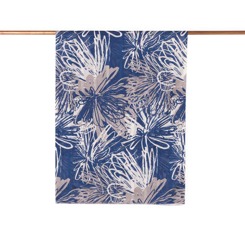 Navy Flower Shadow Print Satin Silk Scarf