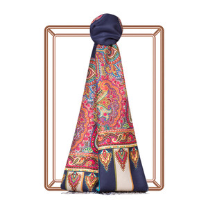 Navy Frame Paisley Print Silk Scarf - Thumbnail